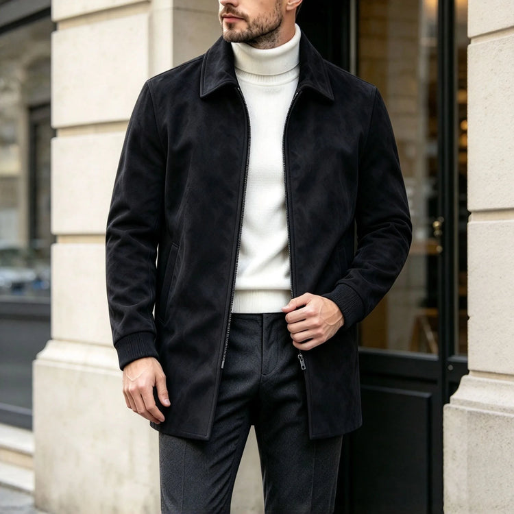 Men Faux Suede Mid Length Coat Autumn Winter Lapel Zipper Jacket Business Casual Slim Fit Windproof  Overcoat Streetwear Outwear
