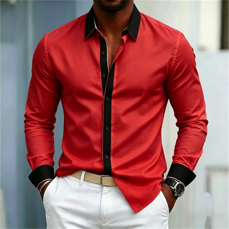 Men's Shirt Black And White Contrasting Splicing Men's Lapel Long Sleeved Shirt Slim Fit Business Casual Men's Top Size