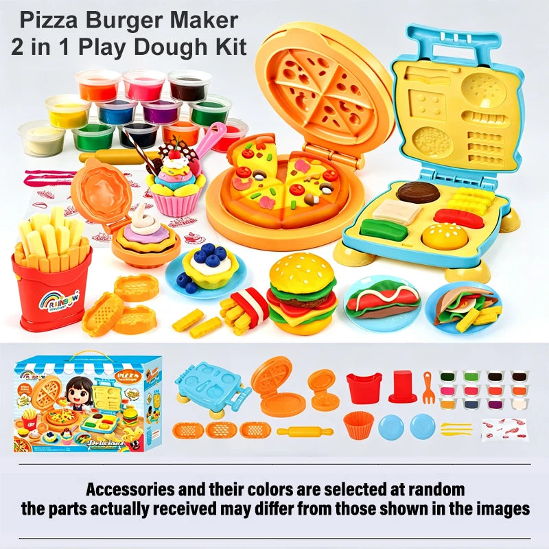 Play Dough Toys Series 12 Colors Pizza Burger Maker Play Dough Kit Kitchen Fast Food Modeling Clay Molds Set Kids Birthday Gift