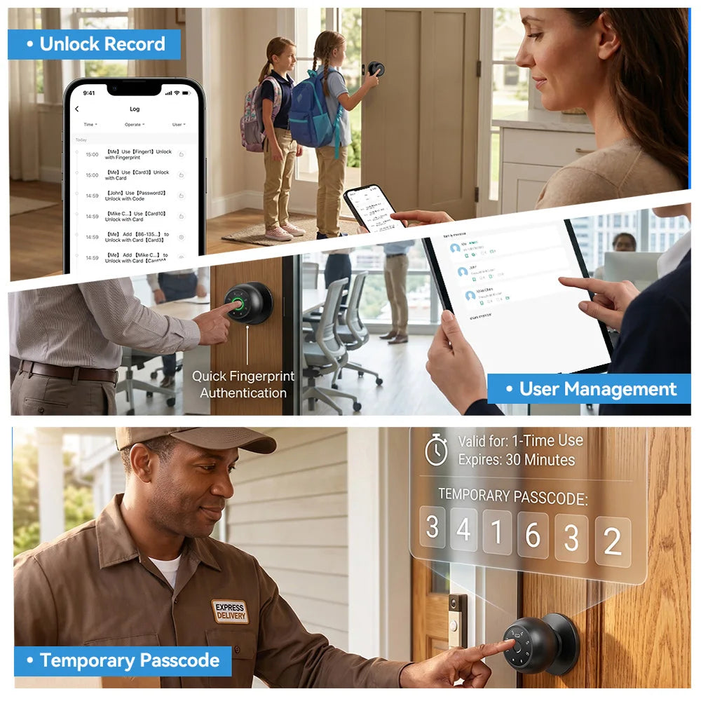 YFK 5-in-1 Smart Door Knob Lock Tuya Bluetooth Fingerprint Password Keypad IC Card Key APP HomeKey Black