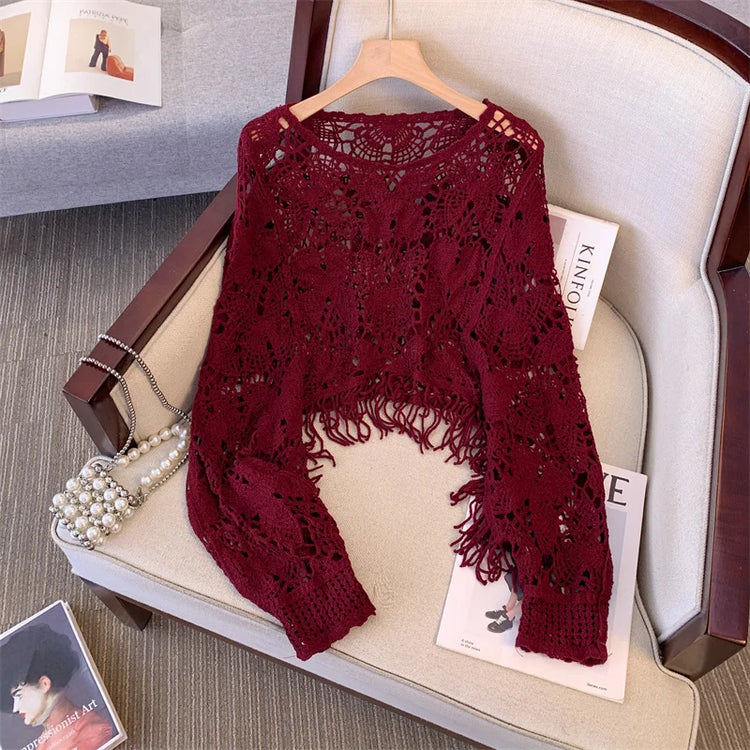 Fashionable Large Size Women's  Hook Hollow Knitted Top round Neck Long Sleeve Tassel Short Style Autumn Outerwear