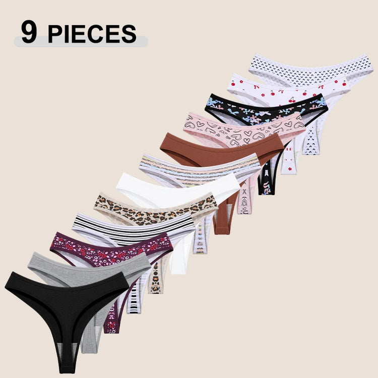 9Pcs Women's Seamless Cotton Panties XS-XXL Multiple Printing T-Back G-strings Sexy Low Waist Breathable Thongs Female Underwear