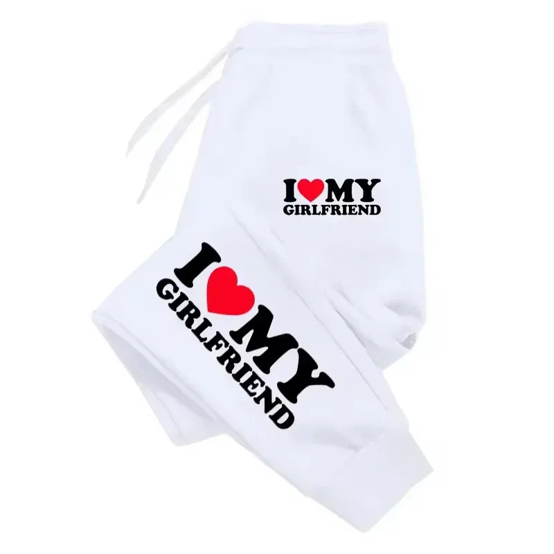 I Love My Boyfriend and Girlfriend Print Pants Woman Man Couple Sweatpants Loose Casual Warm Pants Pocket Drawstring Sportswear
