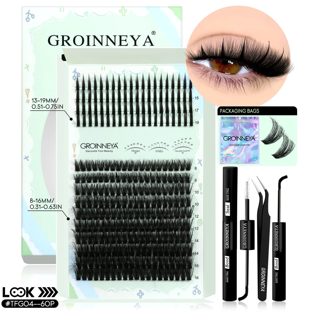 GROINNEYA Lash Clusters Kit Spikes Lash Individuals Eyelash Clusters D-Curly Lash Clusters Kit with Bond and Seal Makeup