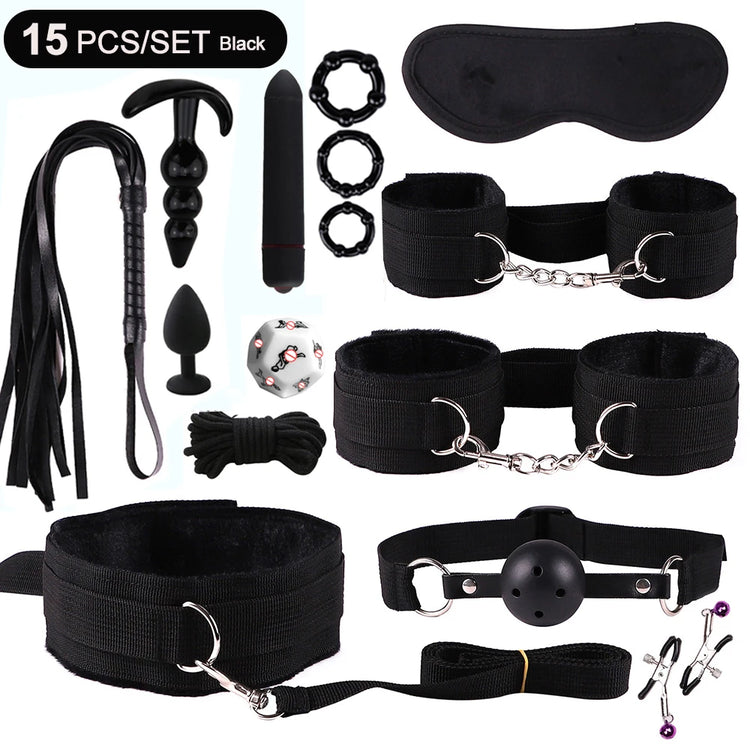 Hot Exotic Bed Bondage Set BDSM Kits Exotic Sex Toys For Women  Adults Games Leather Handcuffs Whip Gag Nipple Clamps Sex Shop