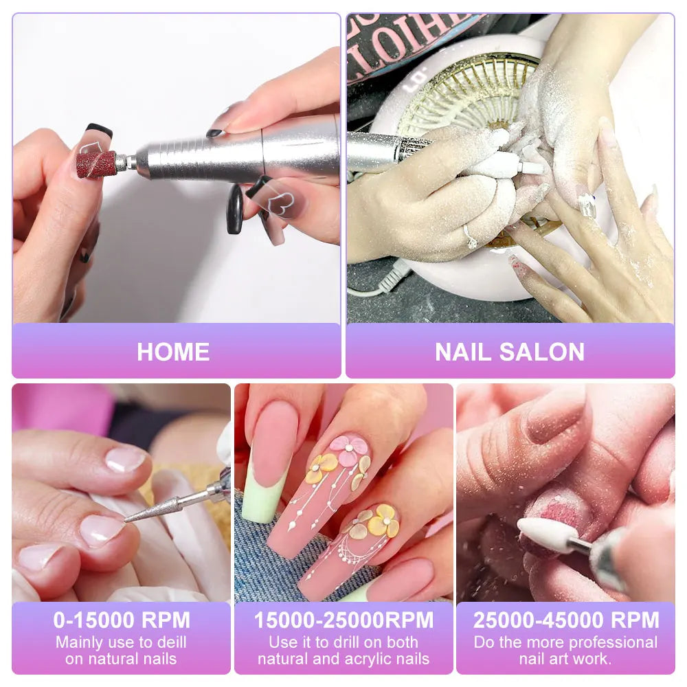 45000RPM Rechargeable Nail Drill Machine with LCD Low Noise Professional Nail Polish Sander Nails Accessories Set