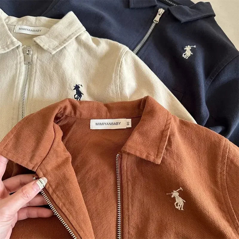2-7Y Children's Cotton Coat 2025 Spring Boys Girls Japanese Embroidered Flip Collar Jacket Baby Short Zipper Autumn Shirt