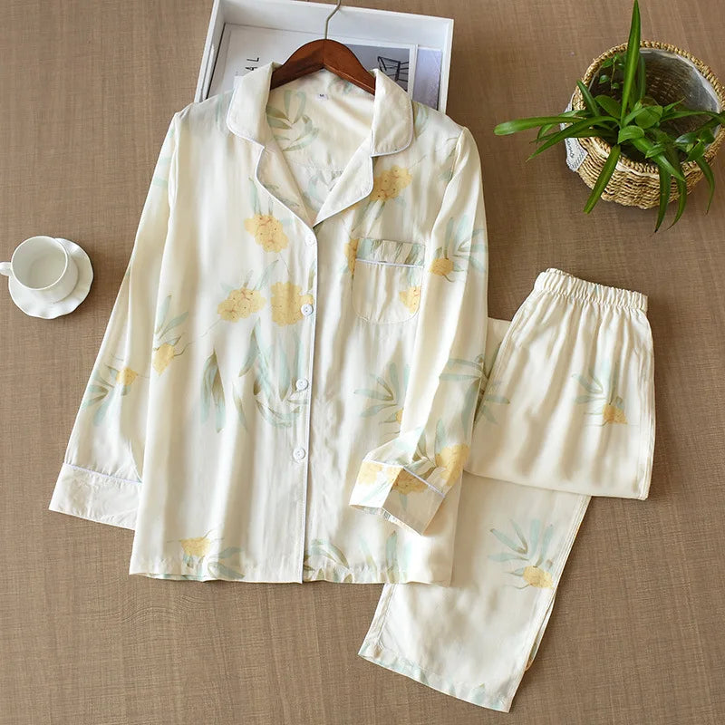 Spring / Summer New 100% Viscose Long-sleeved Trousers Ladies Pajamas Suit 3XL Plus Size Long Sleepwear Women's Home Nightwear