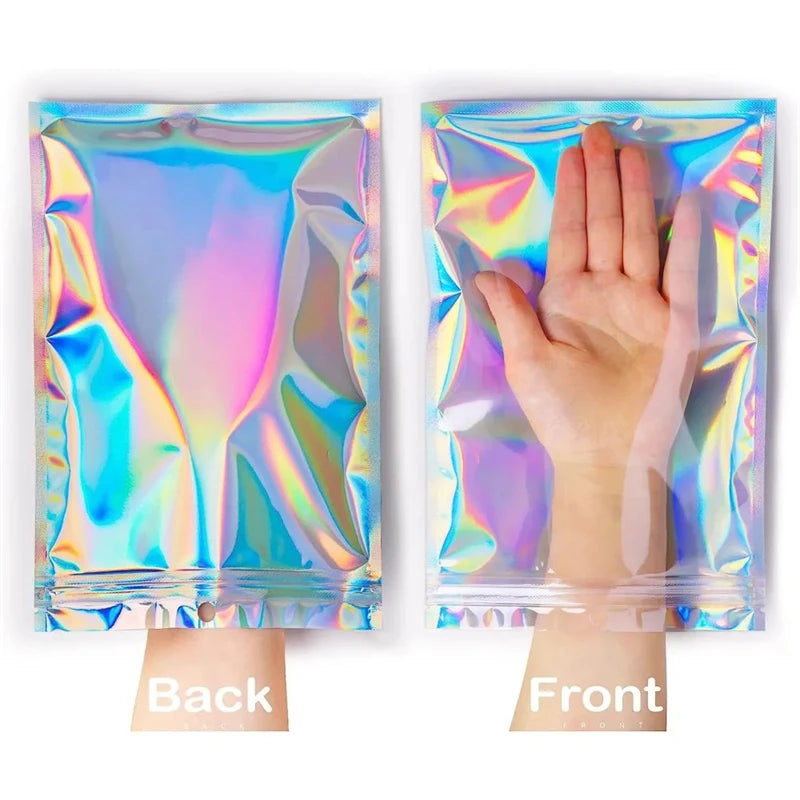 100/10PCS Laser Sealing Bags Plastic Holographic Candy Food Pouch Resealable Necklace Jewelry Gift Packaging Kitchen Storage Bag