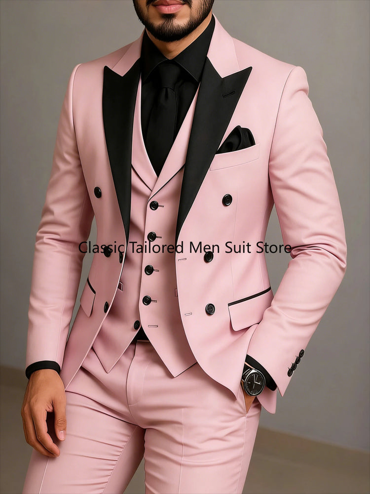 Beige Double Breasted Suit  Black Lapel  Slim Fit Wedding Suit