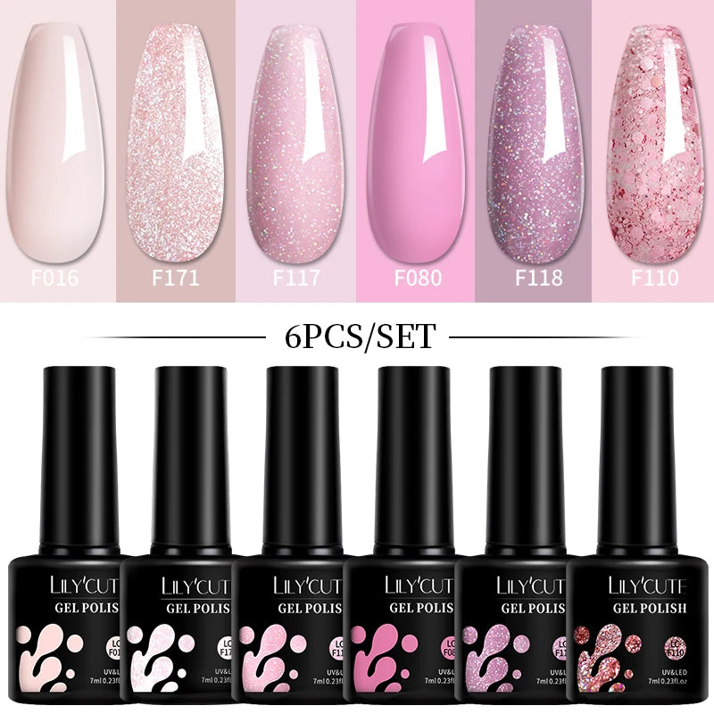 LILYCUTE 6Pcs 7ML Gel DIY Nails Polish Set Bright Pink Nail Charms Soak Off UV LED Gel Varnish Nail Art Design Accessories