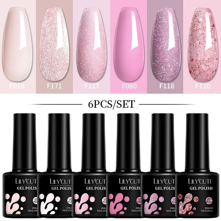 LILYCUTE 6Pcs 7ML Gel DIY Nails Polish Set Bright Pink Nail Charms Soak Off UV LED Gel Varnish Nail Art Design Accessories