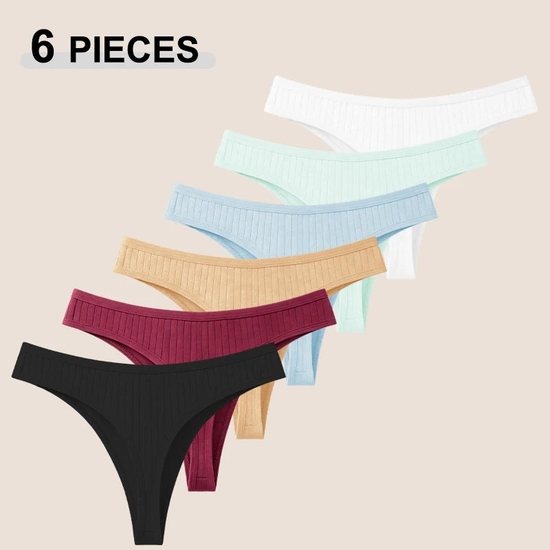 6Pcs/Set Seamless Cotton Thongs Panties For Women Sexy Low Rise Solid Color G-String Underwear Female Ribbed Breathable Lingerie