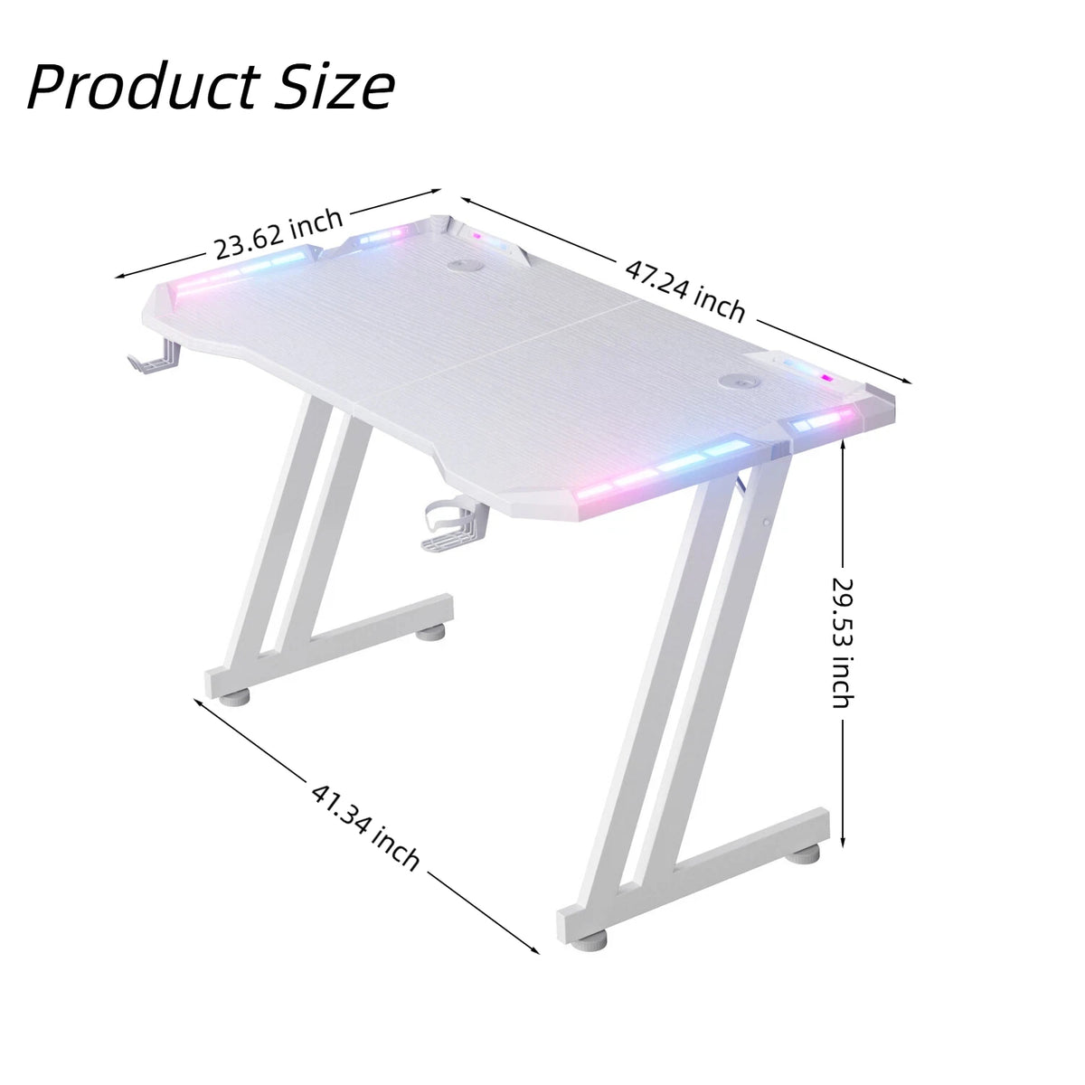 NEBMAAX White Gaming Desk RGB LED Lights Sturdy Z-Frame Workstation with Cup Holder And Headphone Hook for Home Office Gamers