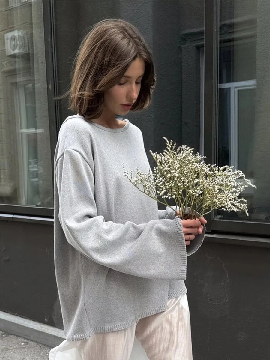 Original Backless O-neck Cotton Knit Sweater Autumn and Winter Women Simple Loose Soft Warm Elastic Daily Office Casual Sweater