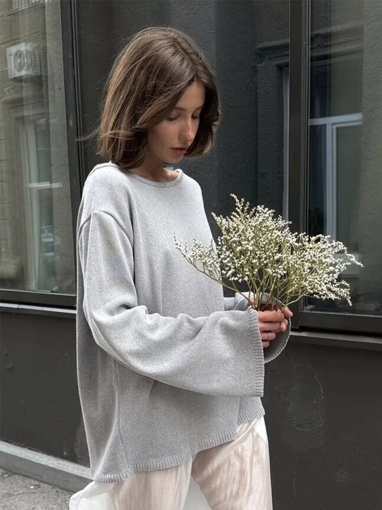 Original Backless O-neck Cotton Knit Sweater Autumn and Winter Women Simple Loose Soft Warm Elastic Daily Office Casual Sweater