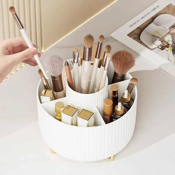 360° Rotating Makeup Organizer Plastic Cosmetic Storage 5 Compartments Multi-Functional Brush Holder Compact Travel Makeup Case