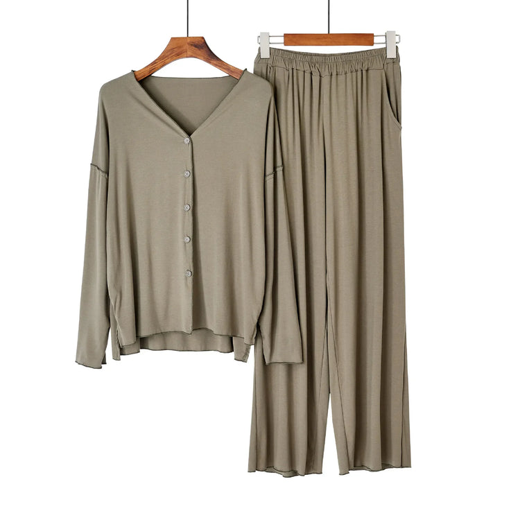 Japanese New Style Cotton Pajamas Suit Ladies Spring And Autumn Cardigan Solid Color Long-sleeved Trousers Home Service Suit