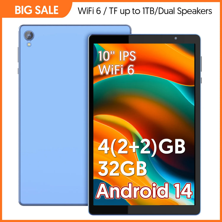 10-inch tablet, Android 14, quad-core processor, 4GB RAM (2GB+2GB expandable), 32GB storage, Wi-Fi, dual cameras, 6000mAh
