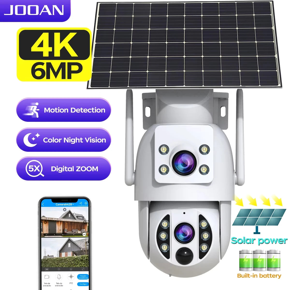 JOOAN 4K Solar Security Camera Wireless Outdoor Dual Lens Solar IP Camera PIR Human Detection Night Vision Battery CCTV Camera