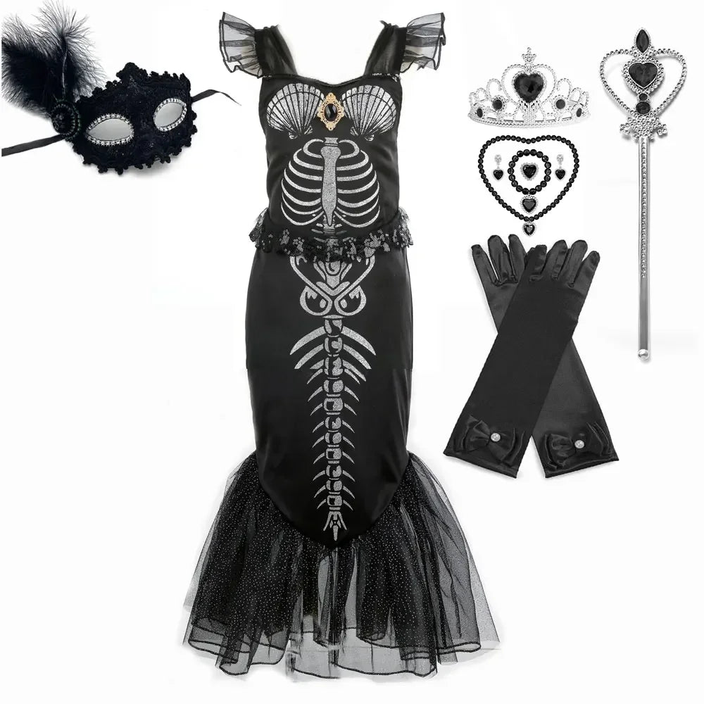 New Skeleton Little Mermaid Halloween Horror Costume Ariel Princess Costume Kids Birthday Party Prom Dress For Girls