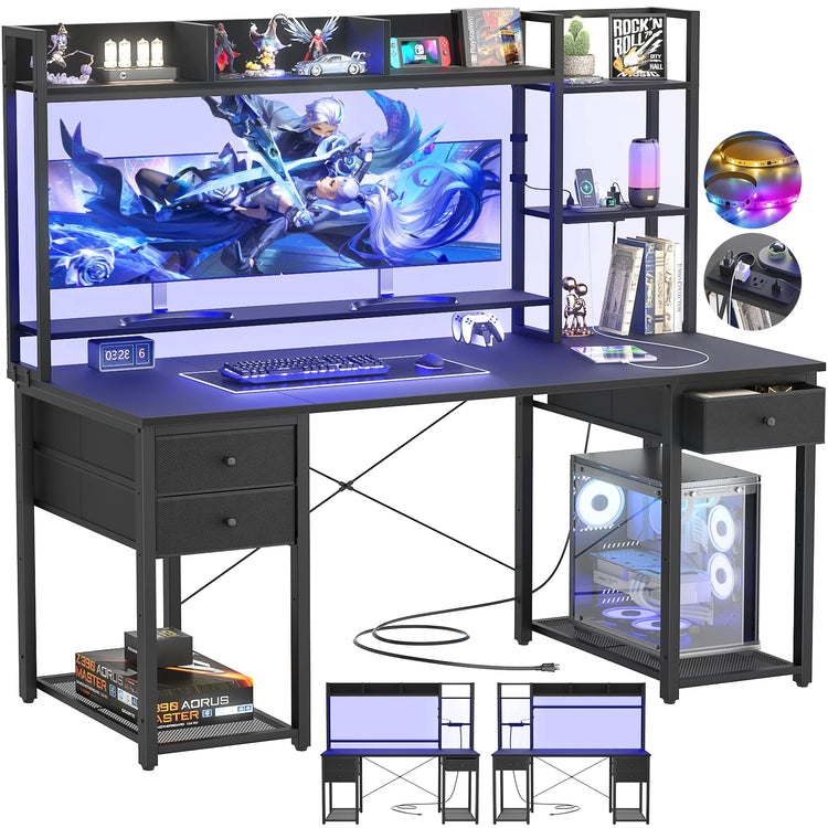 Aheaplus 55" Computer Desk with Hutch & Storage Bookshelf, Reversible Gaming Desk with LED Lights & Power Outlets, Large Workstation Desk with 3 Fabric Drawers & CPU Stand – Black