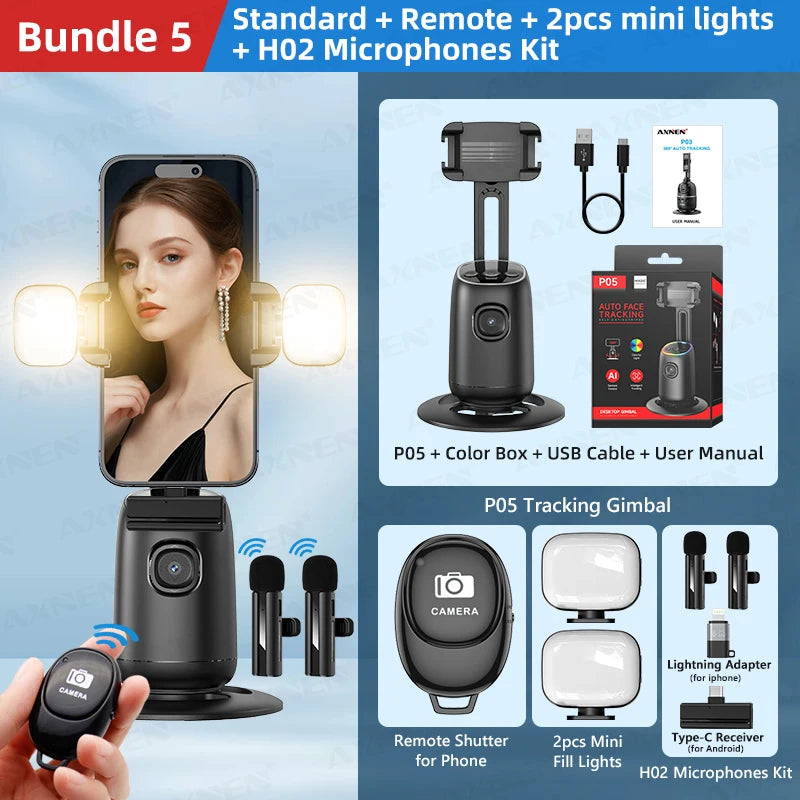 AI Auto-Tracking Phone Gimbal 360° Rotating Face Tracking Stabilizer Portable Desktop Holder for Live Streaming & Photo Shooting