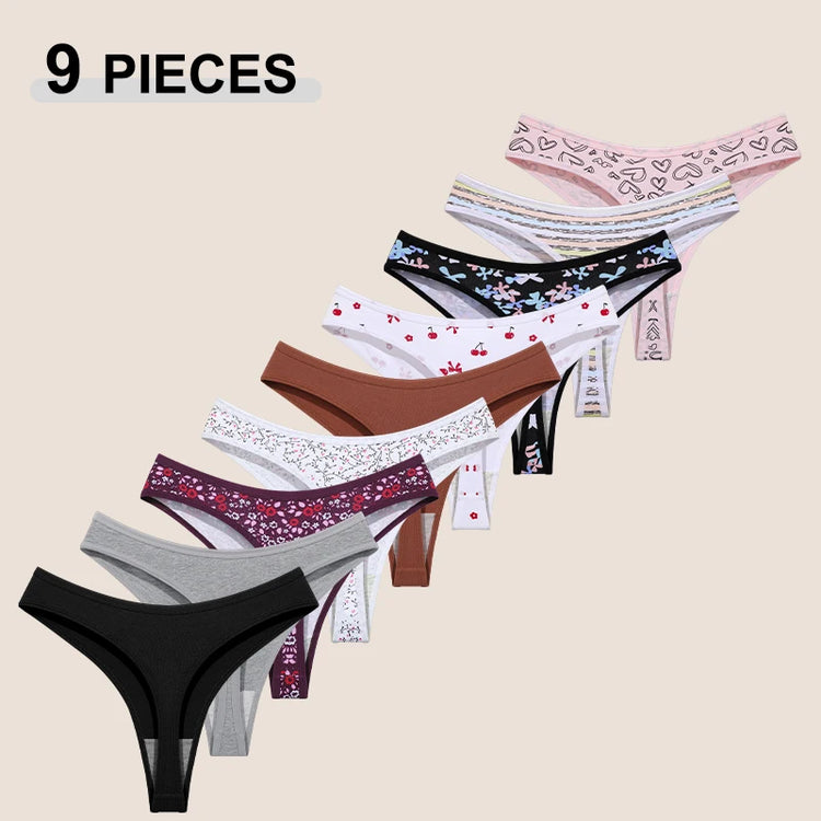 9Pcs Women's Seamless Cotton Panties XS-XXL Multiple Printing T-Back G-strings Sexy Low Waist Breathable Thongs Female Underwear