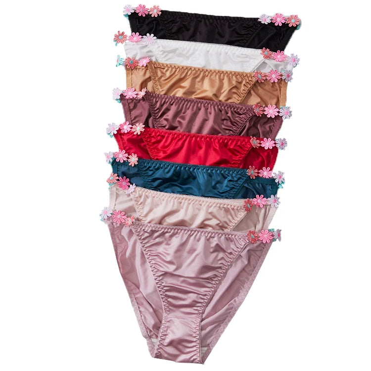 3PCS Set of Cute Women's Underwear Sexy Thong Panties Silk Fabric Floral Embroidery on the Waistband G-String