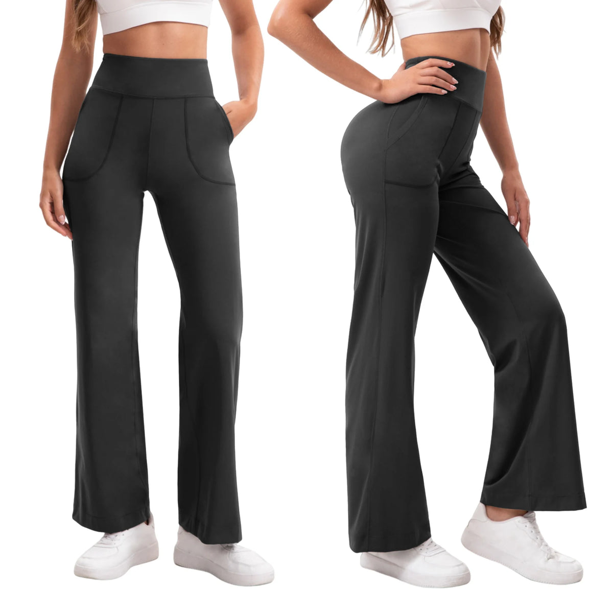 Women's High Waist Flared Yoga Pants Tummy Control M-Line Butt Lifting Two Pockets Stretchy Soft Flowy Workout Office