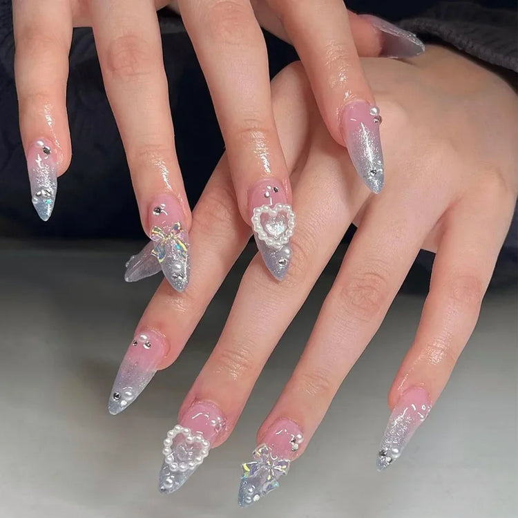 24Pcs French False Nails Almond Fake Nails with Glue Press on White Edge Design Wearable Simple Ins Pink Stiletto Nail Tips