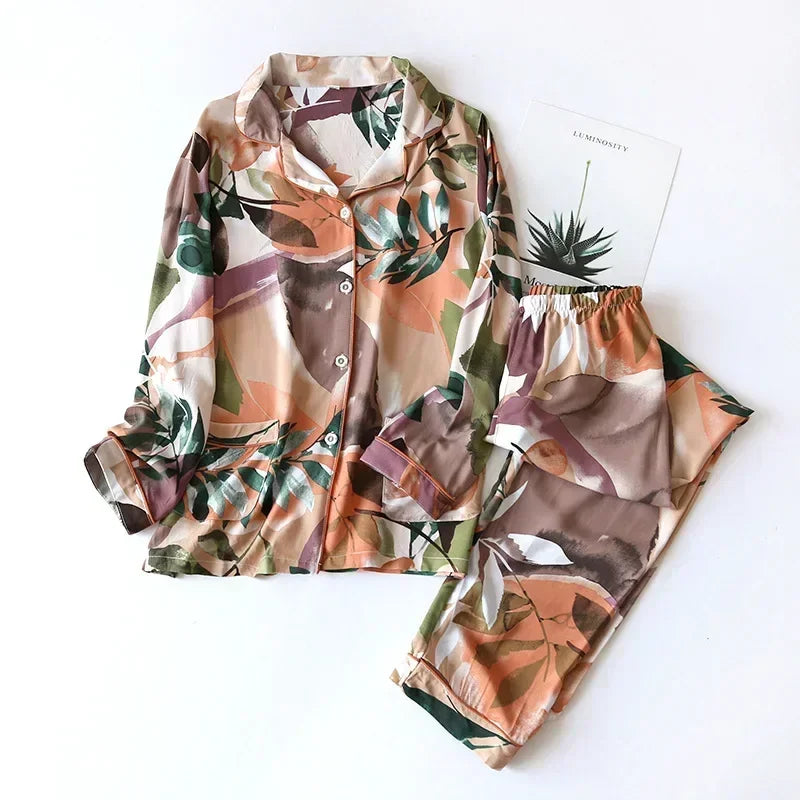 Spring / Summer New 100% Viscose Long-sleeved Trousers Ladies Pajamas Suit 3XL Plus Size Long Sleepwear Women's Home Nightwear