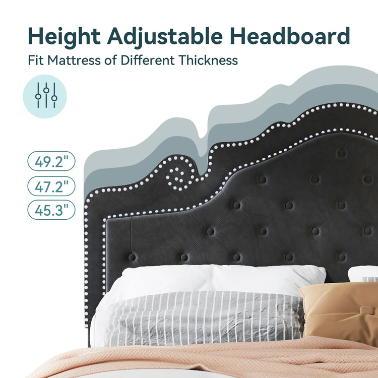HOOMIC Full/Queen/King Size Velvet Bed Frame with Adjustable Tiara Headboard, Diamond Tufted Upholstered Platform Bed