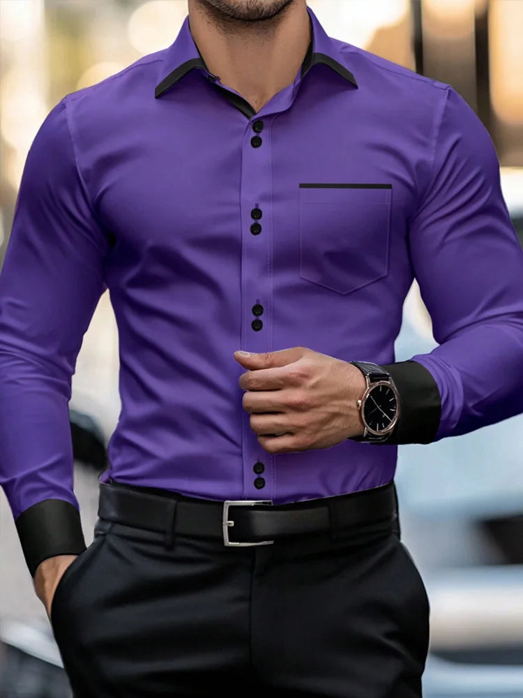 Men's Casual Business Long-sleeved Shirt, British Style Double Button Shirt, Slim Long-sleeved Lapel Shirt