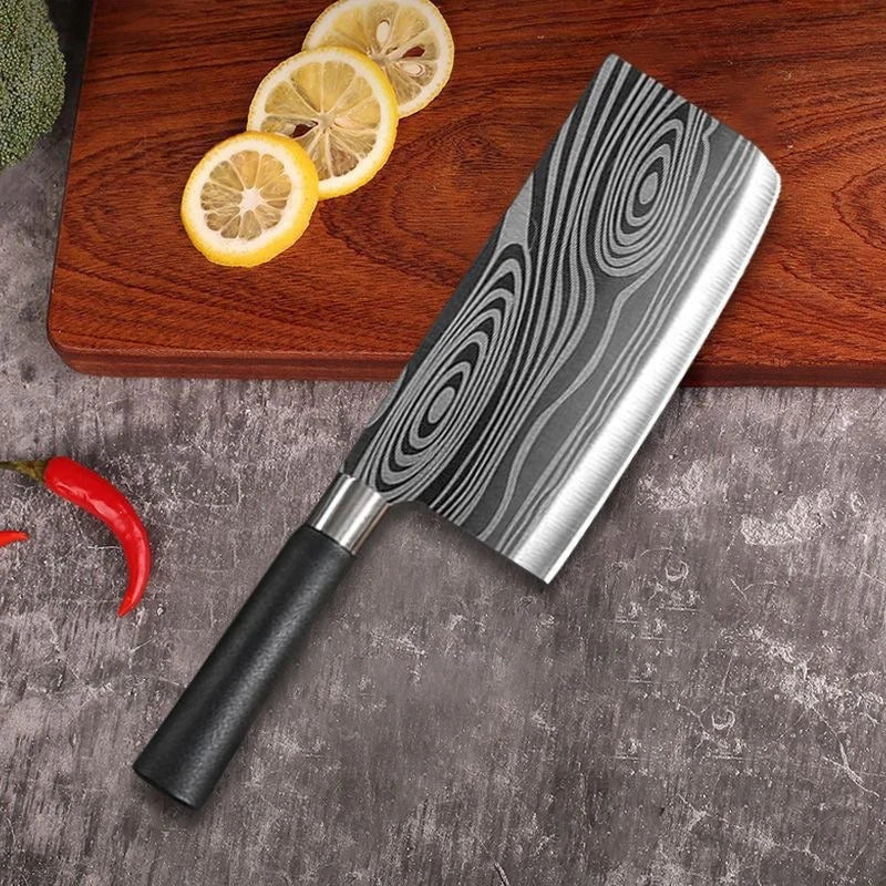 Laser Damascus Pattern Utility Kitchen Knives Scissors Sharpening Rod Set Stainless Steel Sharp Slicing Chef Knife Cooking Tool