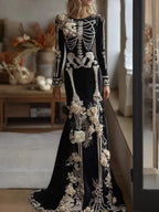 Halloween White Bone Skeleton Embroidered Long Sleeved Dress, Dark Rose Three-dimensional Flower Slimming Holiday Party Dress