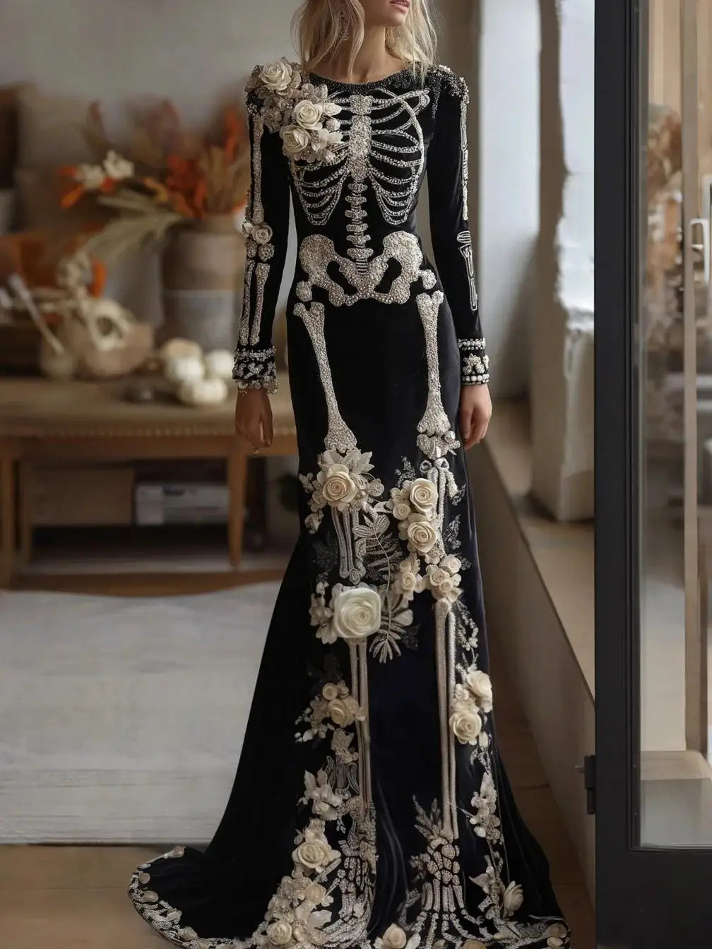 Halloween White Bone Skeleton Embroidered Long Sleeved Dress, Dark Rose Three-dimensional Flower Slimming Holiday Party Dress