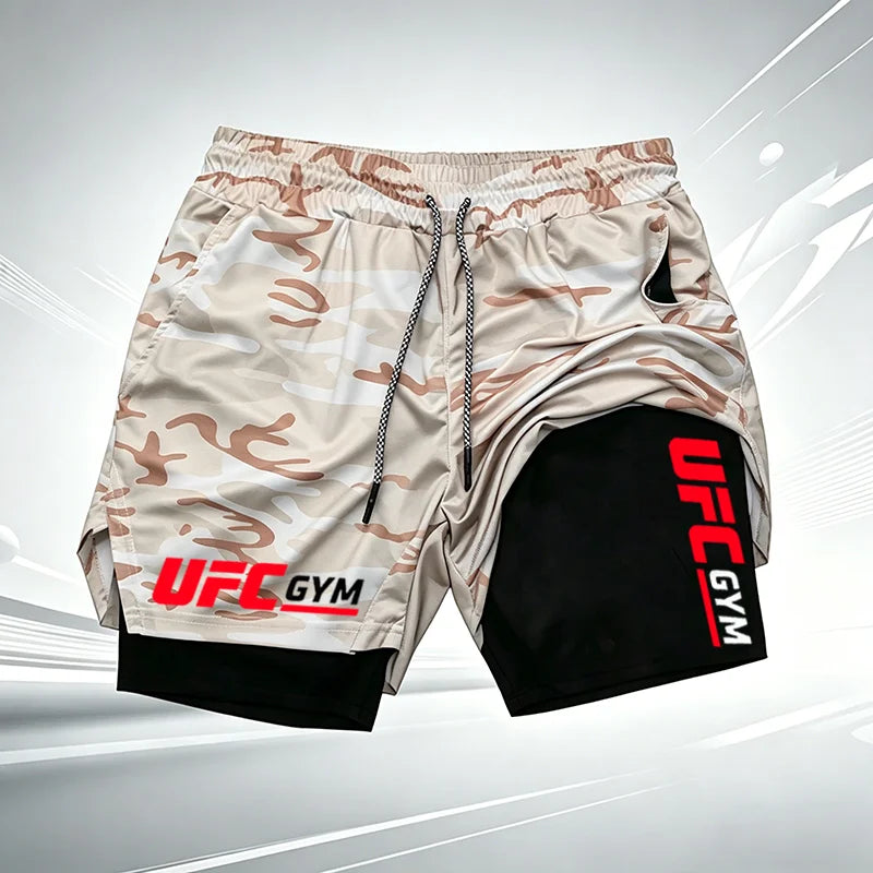 Summer men's printed UFC GYM 2-in-1 compression base shorts, quick drying fitness training breathable running shorts