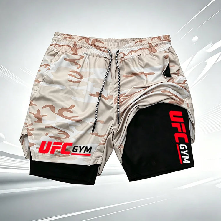 Summer men's printed UFC GYM 2-in-1 compression base shorts, quick drying fitness training breathable running shorts