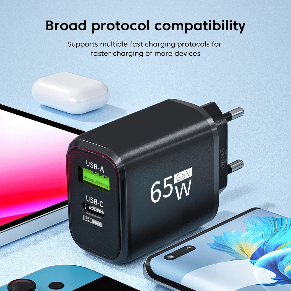 PD 65W GaN USB C Charger Dual Ports USB Type C Charger QC3.0 Fast Charging Charger Power Adapter for iPhone Samsung Xiaomi POCO