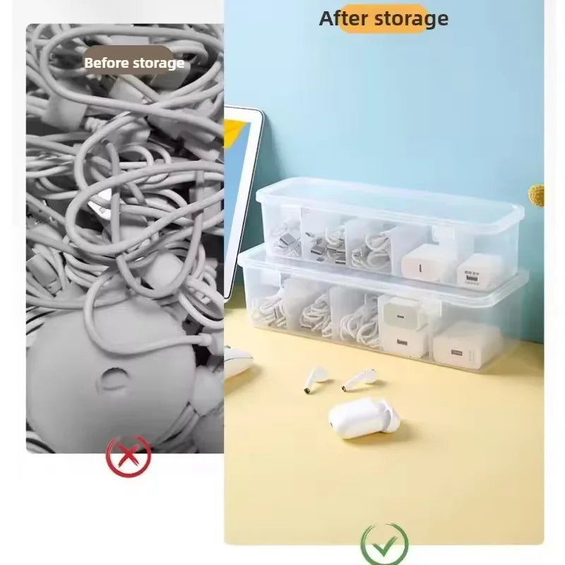 1pc Dustproof Cable Management Box, Clear Transparent Desktop Organizer with Lid, Adjustable Dividers for Cords, Storage