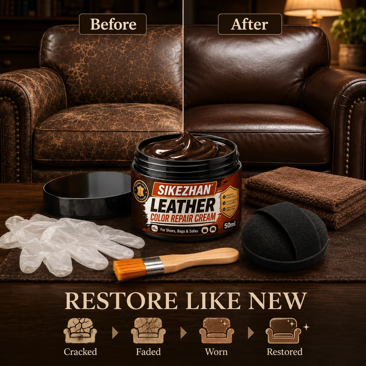 Leather Repair Cream 50ml for Shoes Handbags Sofas Car Seats, Color Restoring Balm with Applicator Brush Sponge Gloves, 4 Shades