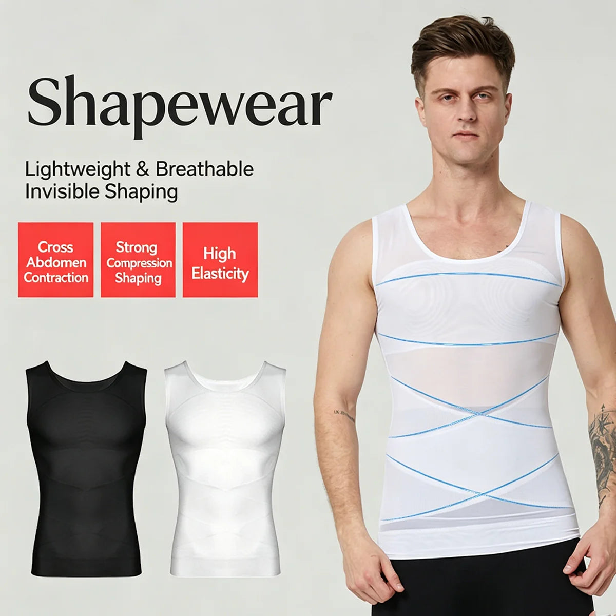 Men's Compression Shapewear Shirt, Chest & Abdomen Control Slimming Undershirt, Workout Vest & Tank Top