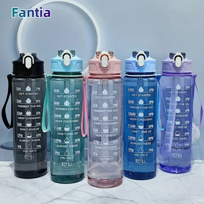 800ml/27oz Large Capacity Sports Water Bottle Leak Proof Plastic Drinking Cup With Time Scale Suitable For Travel Fitness Sports