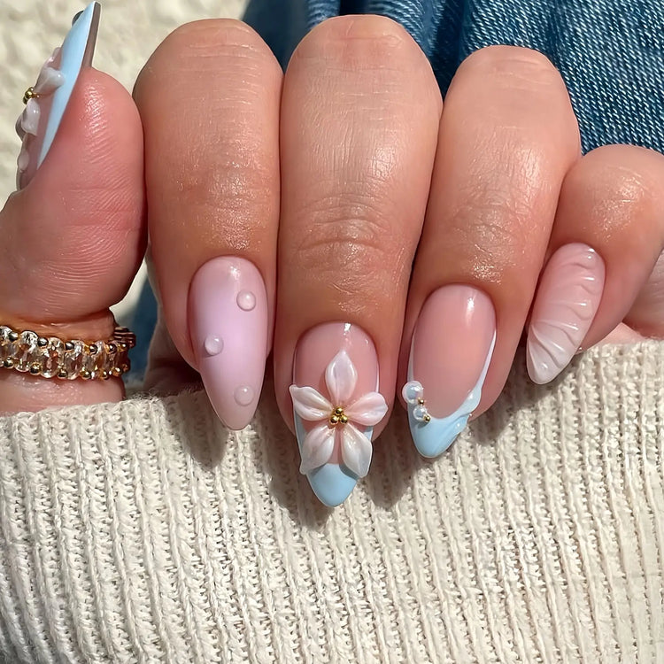 24Pcs Pink Almond False Nails Butterfly Ballet with French Design Wearable Fake Nails Simple Artificial Press on Nails Tips Art