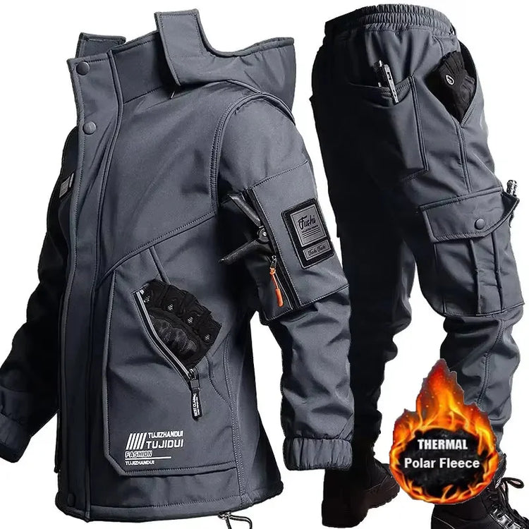 Winter Men Tactical Work Jacket Sets Velvet Thickened Motorcycle Jacket Wear-Resistant Cargo Pants Outdoor Training Tracksuits