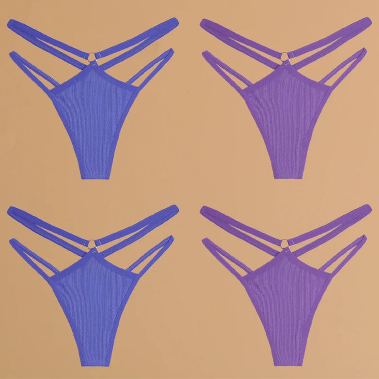 FINETOO 4Pcs Cotton Double Thin Belts Underwear for Women Sexy Low Waist Striped Thongs Ladies Soild Panties Breathable Lingerie