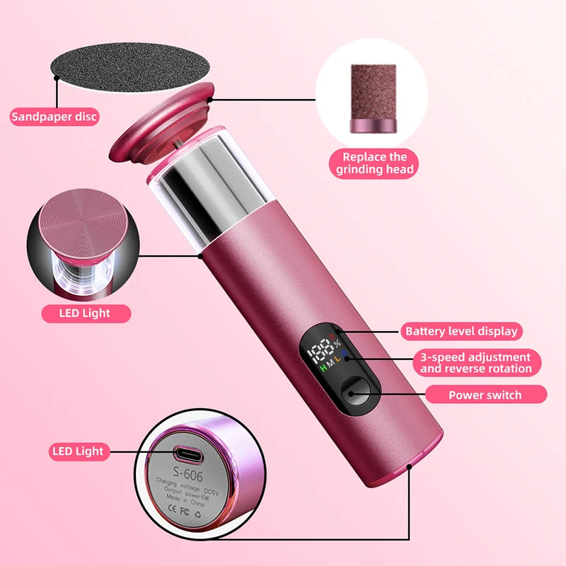 Electric Foot File Callus Remover 2-in-1 Rechargeable with 60PCS Replaceable Sandpaper Discs Nail Pedicure Tool Set for Smooth F