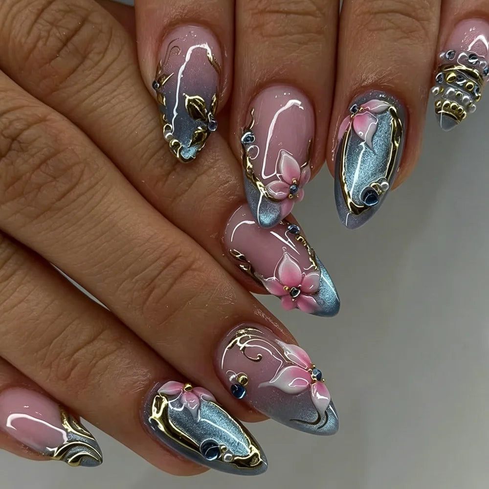 24Pcs Pink Almond False Nails Butterfly Ballet with French Design Wearable Fake Nails Simple Artificial Press on Nails Tips Art
