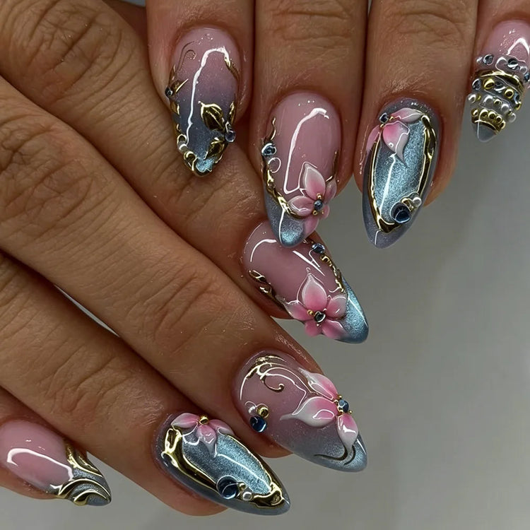 24Pcs Pink Almond False Nails Butterfly Ballet with French Design Wearable Fake Nails Simple Artificial Press on Nails Tips Art